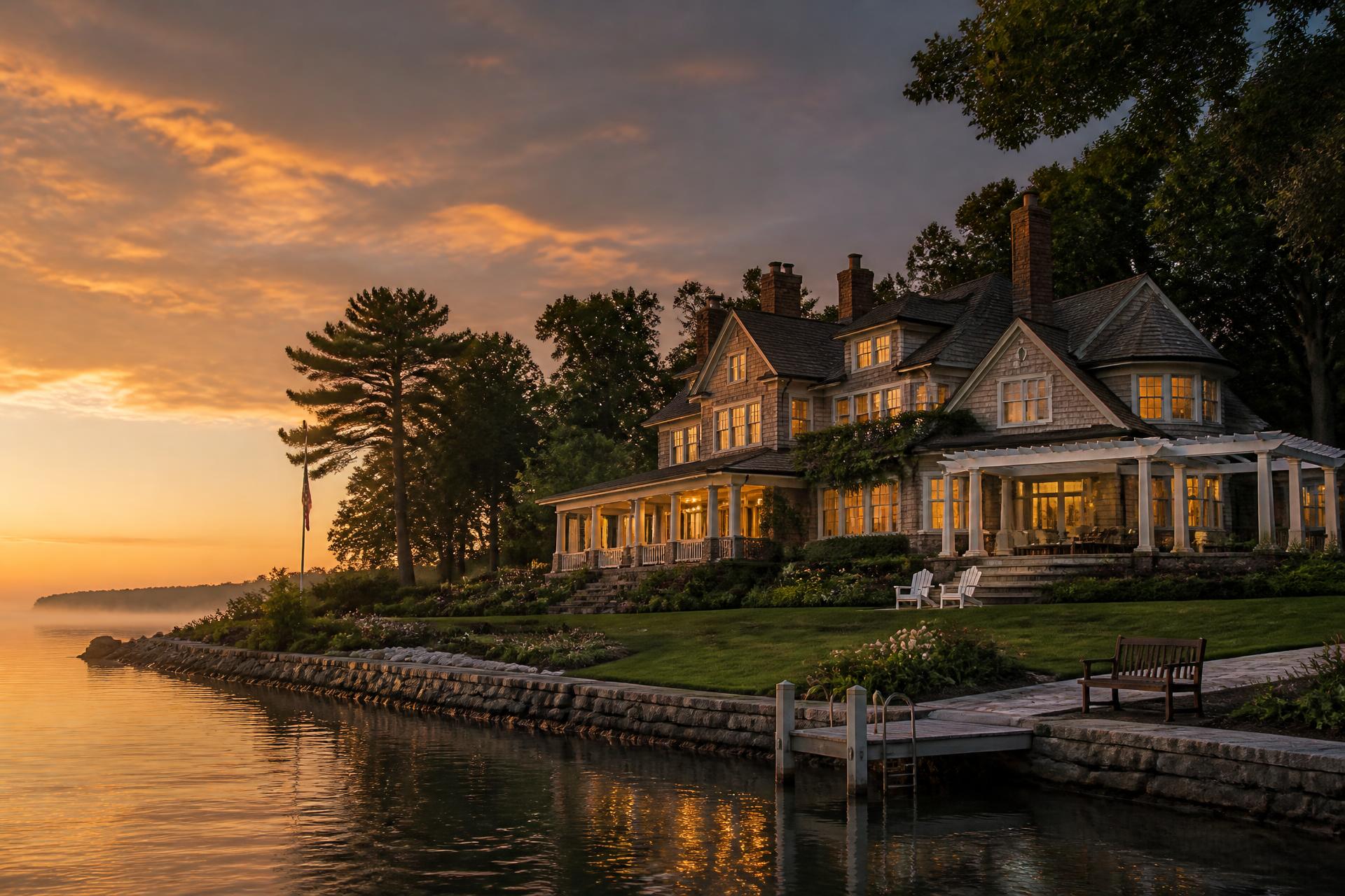 Private lakefront estate at golden hour